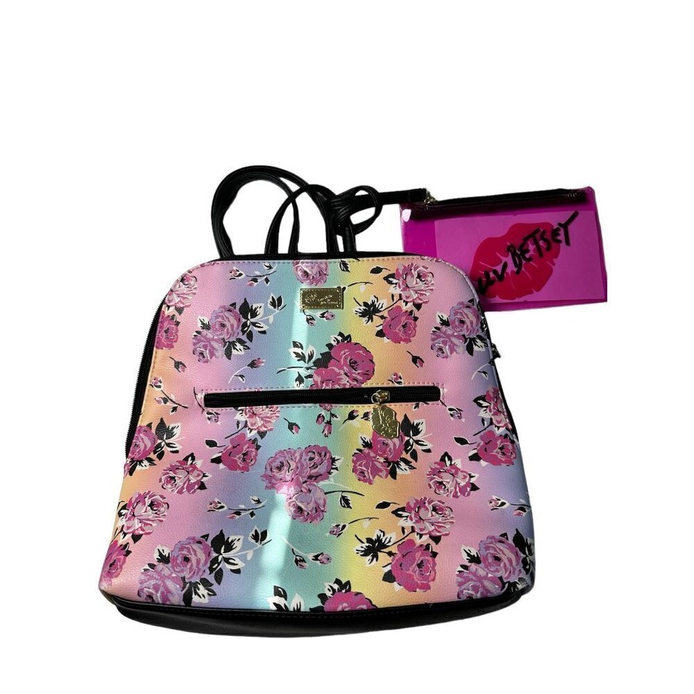 Betsey Johnson "Luv Betsey" backpack in floral print with clear pink sleeve